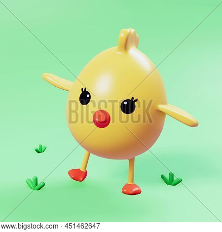 Little Baby Chicken On Green Grass Cute Cartoon Bird Character 3d Render. Cheerful Spring Nature Ill