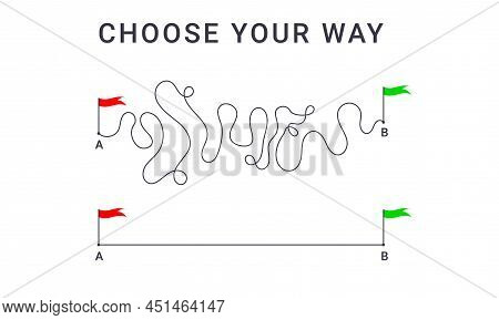 Concept Of Plan, Easy Expectation And Complicated Reality Way. Complex Messy Lines, From Journey To 