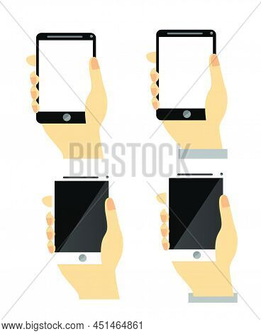 Vector Set 4 Hand Holding Black And White Smartphone, Isolated On White.