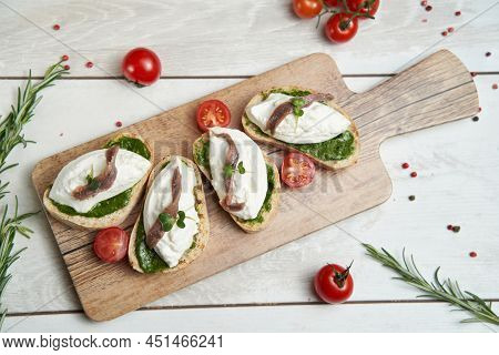 Bruschetta With Tomato And Basil, Bruscetta With Fish Bruscetta With Prosceutto And Rucola