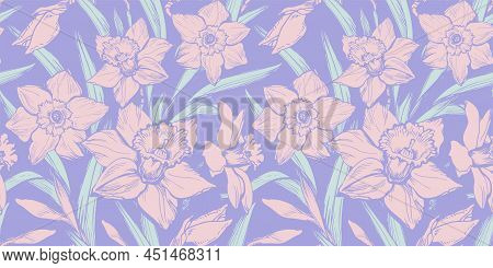 Spring Delicate Colors Floral Seamless Pattern With Hand Drawn Flowers Narcissus. Pastel Floral Vect