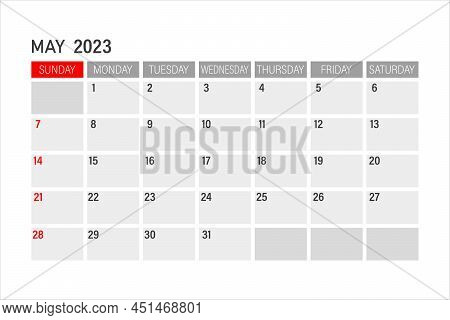 May 2023 Calendar Template. May 2023 Layout. Printable Monthly Planner. Desk Calendar Design. Start 