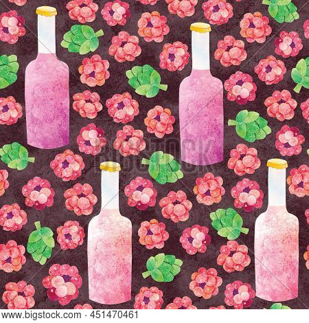 Hand-drawn Watercolor Papercut Raspberry Fruit Craft Beer Seamless Pattern. Berries, Bottle And Hop 