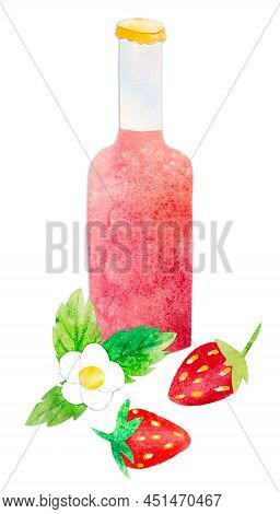 Hand-drawn Watercolor Papercut Strawberry Fruit Soda Drink Or Craft Beer Composition. Berries, Leave