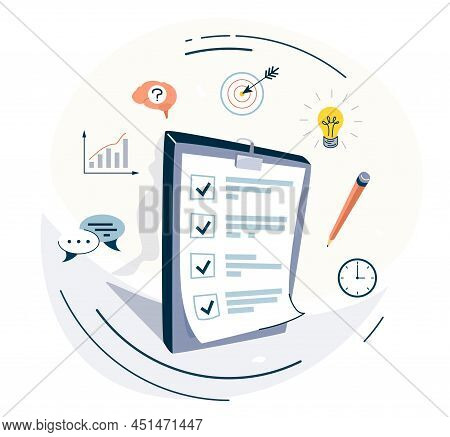 Brief Vector Background. Summary Report Document Illustration In Flat Simple Cartoon Style Isolated 