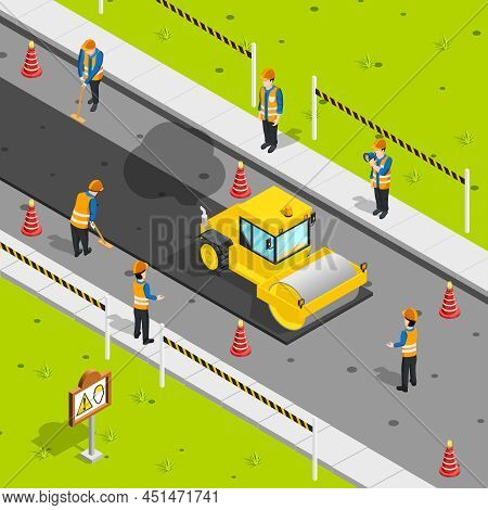 Construction Icons Isometric Composition With Steam Roller Laying Asphalt On Roadway With Safety Con