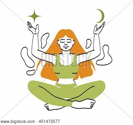 Women Meditating Concept. Girl Sits In Lotus Position At Night, Ritual For Faster And Deeper Sleep. 