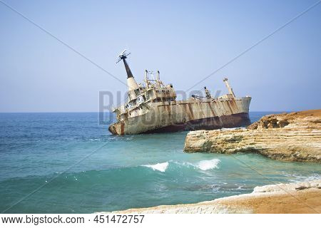 Aerial View Of Abandoned Ship Wreck Edro Iii In Pegeia, Paphos, Cyprus