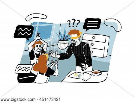Family Home Activities Abstract Concept. Father With Blindfold Looking For His Daughter And Son By S
