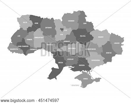 Grey Political Map Of Ukraine. Administrative Divisions - Oblasts. Simple Flat Vector Map With Label