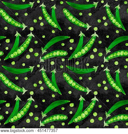 Hand-drawn Watercolor Papercut Green Peas Seamless Pattern. Bright Cute Kawaii Kidcore Style Illustr