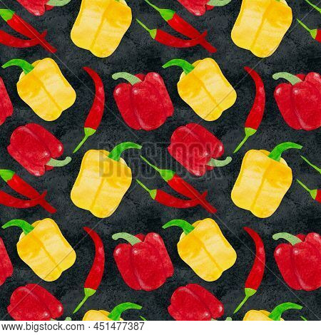 Hand-drawn Watercolor Yellow Red Chili Pepper Seamless Pattern. Bright Cute Kawaii Kidcore Style Ill
