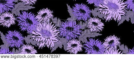 Floral Seamless Pattern With Very Peri Close-up Chrysanthemum Flowers In Full Bloom On Black Backgro