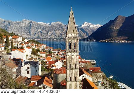 Breathtaking Panoramic Aerial Drone View Of Ancient City Of Perast, Montenegro. Old Medieval Little 