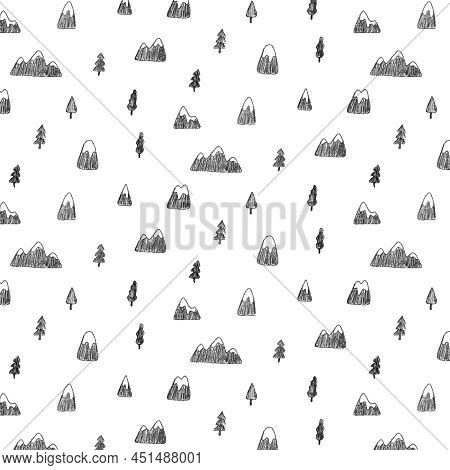 Hand Drawn Vector Illustration Of Mountain And Tree Pattern In Drawing Style. Cute Forest Background