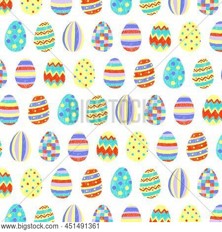 Hand Drawn Vector Illustration Of Cute Easter Eggs Pattern In Handdrawn Style. Multicolor Eggs. East