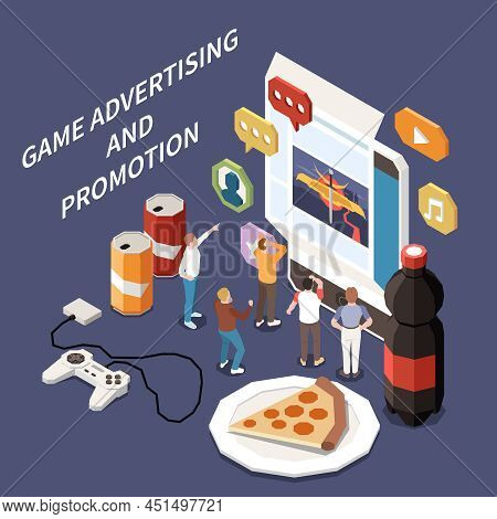 Game Development And Promotion Isometric Concept With Advertising Symbols Vector Illustration