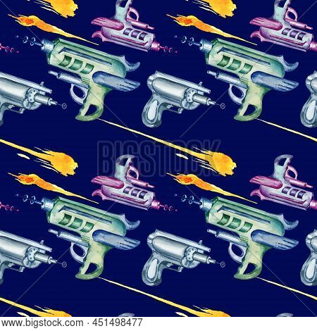 Seamless Pattern, Watercolour Hand Draw Illustration, Fantastic Weapons, Space Pistols, Blasters On 