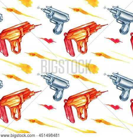 Seamless Pattern, Watercolour Hand Draw Illustration, Fantastic Weapons, Space Pistols, Blasters On 