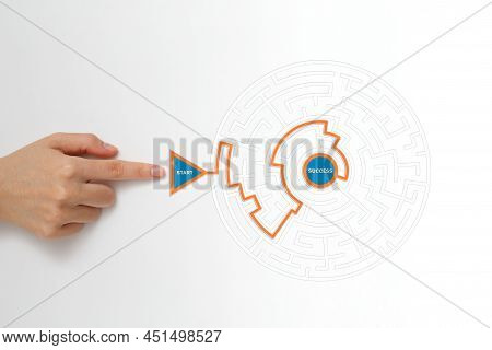 Hand Pointing The Start Go Through Maze Path To Goal Or Success, Career Path Or Goal Achievement, Bu