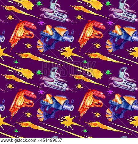 Seamless Pattern, Watercolour Hand Draw Illustration, Fantastic Weapons, Space Pistols, Blasters On 