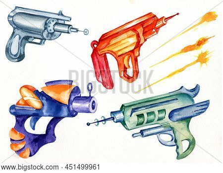 Watercolour Hand Draw Illustration, Fantastic Weapons, Space Pistols, Blasters. Picture For Children
