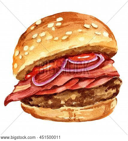 Burger With Meat, Onion, Tomatos, Watercolour Hand Drawn Illustration, Isolated On White Background