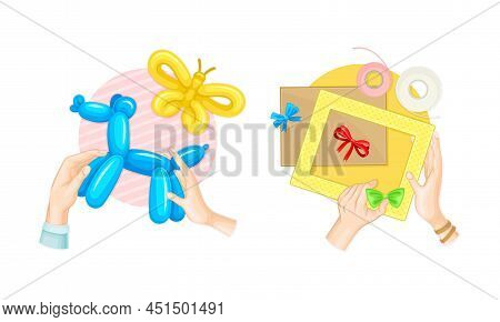 Craft Hobbies Set. View From Above Of Human Hands Creating Crafts. Modeling From Balloons And Frame 