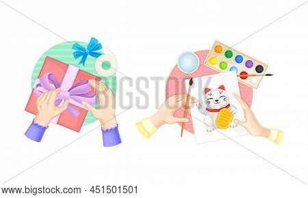 Craft Hobbies Set. View From Above Of Human Hands Creating Crafts. Box Decor And Painting Cartoon Ve