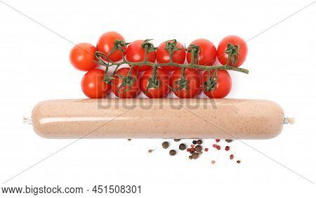 Delicious Liverwurst With Cherry Tomatoes And Spices On White Background, Top View