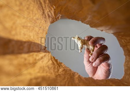A Hand Places A Figurine Of A Lamb Or Sheep In A Paper Bag. A Mature Man's Hand Holds A Child's Toy 