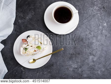 Mereng Cake With Fresh Berries And Fruits. Strawberries, Kiwi, Blackberries. Protein Dessert In Whit