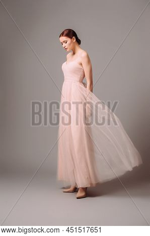 Bridesmaid's Dresses. Elegant Moscato Attire. Beautiful Pink Chiffon Evening Gown. Studio Portrait O