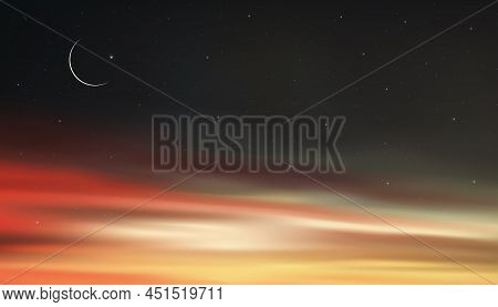 Night Sky With Crescent Moon And Stars Shining,landscape Dramatic Drak Grey, Red And Orangesky, Beau
