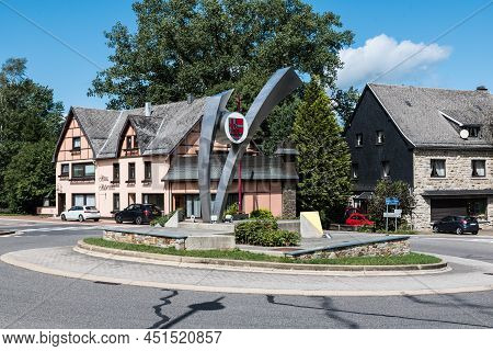 Bullingen, Walloon Region  East Belgium - 08 27 2019 Roundabout With Restaurants And A Hotel In The 