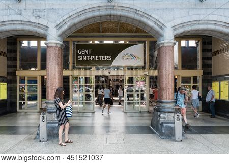 Ghent, Flanders - Belgium - 09 02 2019 The Gent Sint-pieters Main Railwaystation Entrance With Trave