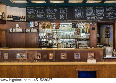 Saint Gilles, Brussels, Belgium - 07 08 2019- Vintage Art Deco Design Of The Traditional Brasserie V