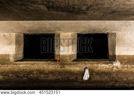 Anderlecht, Brussels, Belgium - 07 16 2019- Two Scuppers At The Covered River La Senne On A Dirty Wa