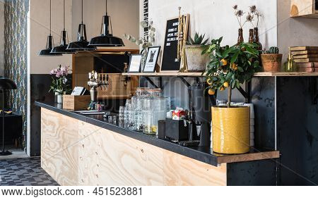 Stockholm- Sweden - 07 24 2019 Interior Of A Typical Swedish Restaurant In Scandinavian Minmalist De