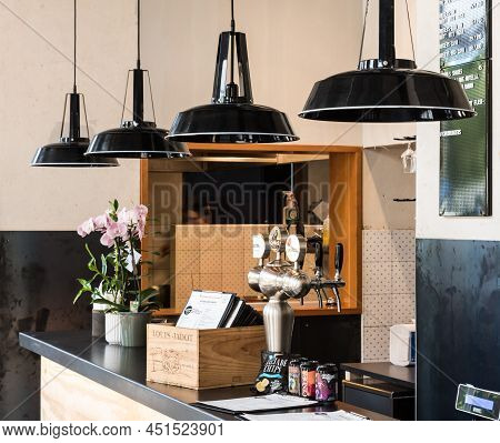 Stockholm- Sweden - 07 24 2019 Interior Of A Typical Swedish Restaurant In Scandinavian Minmalist De