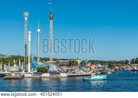 Stockholm, Sweden - 07 24 2019- View Over The Grona Lund Attraction Park Taken From The Seaside