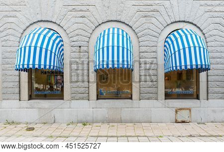 Sundsvall, Vastnorrland County - 08 02 2019: Symmetric Blue Facade Of The Mortgage Loan Municipality