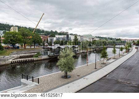 Sundsvall, Vastnorrland County - 08 02 2019: Panoramic View Over The Water, The Bridge And The Churc