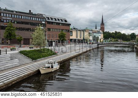 Sundsvall, Vastnorrland County - 08 02 2019: Panoramic View Over The Water, The Bridge And The Churc