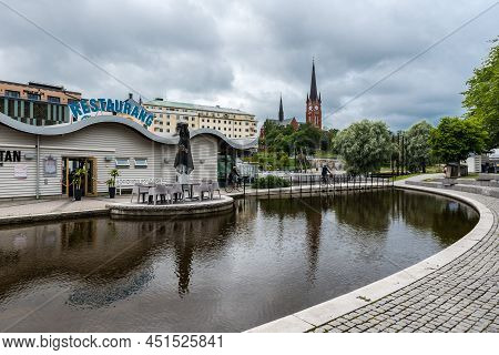 Sundsvall, Vastnorrland County - 08 02 2019: Panoramic View Over The Water, The Bridge And The Churc