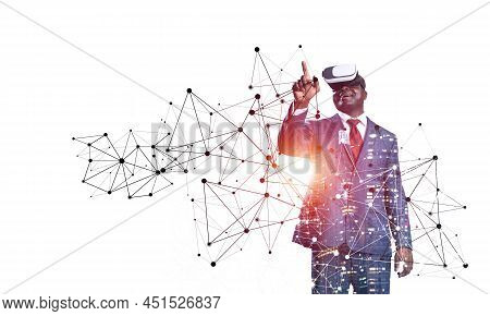 African Businessman Wearing Vr Headset Working With Virtual System. New Reality Modeling And Design.