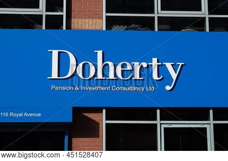 Belfast, Uk- Feb 21, 2022:the Sign For Doherty Pension And Investment Consultancy In Belfast Norther