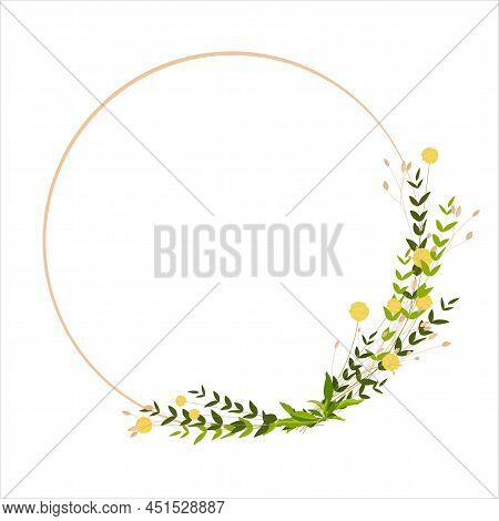 Spring Frame Of Yellow Wildflowers. Easter Circle Template. Yellow Ball Of Craspedia . Summer Wreath