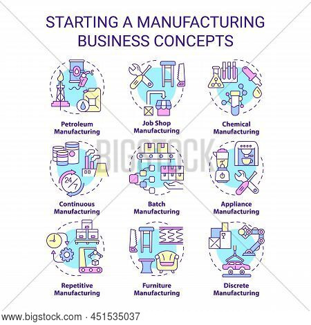 Starting Manufacturing Business Concept Icons Set. Production Process Idea Thin Line Color Illustrat