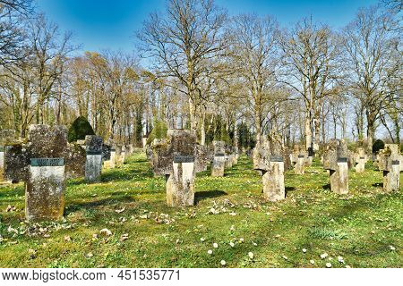 Wiesloch, Germany - March 2022: Cross Shaped Gravestones In Cemetery For People Who Died In Psychiat